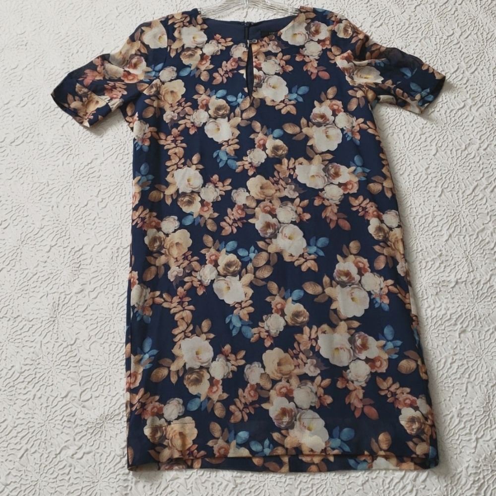 J.CREW Antique Floral Silk Shift Dress Womens Size 00 Navy Blue Short Sleeves - Picture 13 of 15